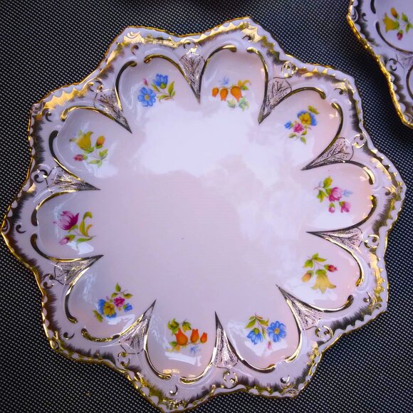 Fabulous Set of 6 Hand Painted Floral Vintage Rosa Pink H&C 24K Gilded Gold plat
